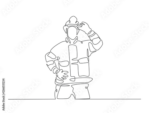 Continuous line art drawing of firefighter with uniform. Fireman single line art drawing vector illustration. Editable stroke.