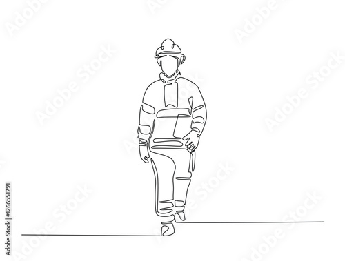 Continuous line art drawing of firefighter with uniform. Fireman single line art drawing vector illustration. Editable stroke.