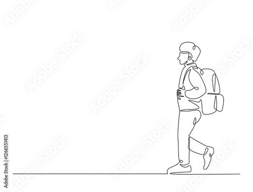 Continuous line art drawing of student wearing backpack. Kid with schoolbag line art drawing vector illustration. Editable stroke.