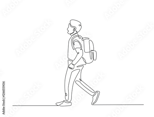 Continuous line art drawing of student wearing backpack. Kid with schoolbag line art drawing vector illustration. Editable stroke.