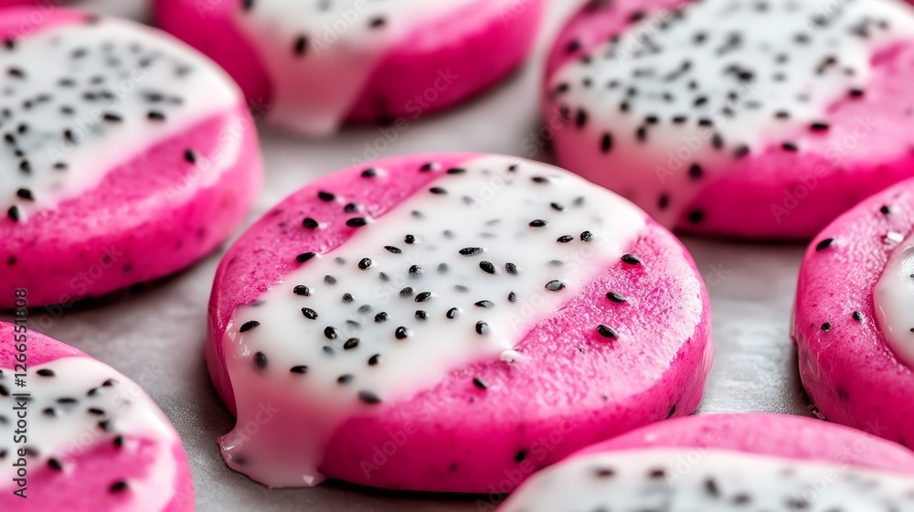 Fototapeta premium Close-up of Pink Dragon Fruit Bites with Creamy White Topping