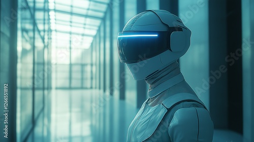 Futuristic Humanoid Robot with Advanced AI and High-Tech Visor in a Modern Facility photo