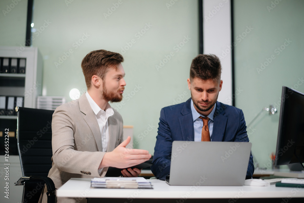 Caucasian business team collaborates on a new startup project, planning strategies with a tablet and laptop Caucasian business team collaborates on a new startup project, planning strategies with a tablet and laptop