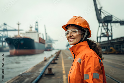 Wallpaper Mural Woman In Safety Gear At Harbor With Cranes And Cargo Vessel (Port Worker) And Torontodigital.ca