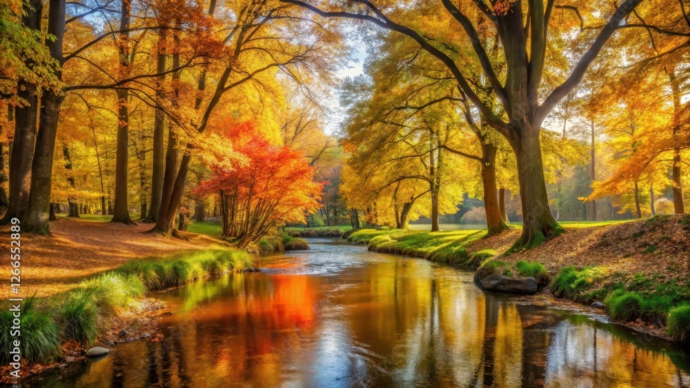 Naklejka premium A serene autumn landscape with vibrant tree foliage and a gentle stream running through the center of the park, woodland, natural light