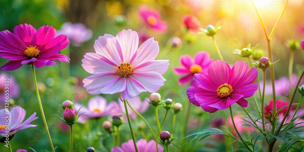 Vibrant cosmos flower blossoms in a lush garden, with delicate petals and intricate details, amidst a tapestry of green foliage and vibrant colors , nature photography, floral arrangements Vibrant cosmos flower blossoms in a lush garden, with delicate petals and intricate details, amidst a tapestry of green foliage and vibrant colors , nature photography, floral arrangements
