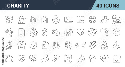 Charity Line Editable Icons Set. Friendship, Love, Care, Volunteer, Donation, Helping Hands and More. Vector Illustrations.