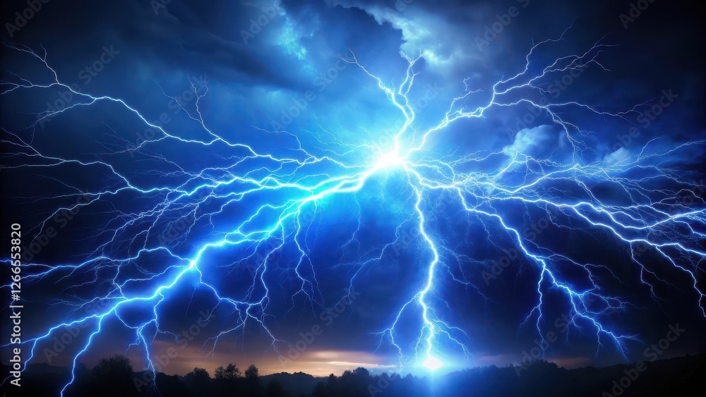 Obraz premium Electric blue plasma lightning illuminates the dark sky, natural wonder