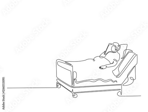 Continuous line art drawing of hospital patient in ward. Person lying in hospital bed line art drawing vector illustration. Editable stroke.