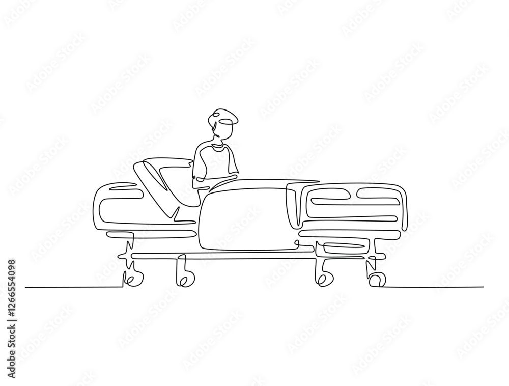 Continuous line art drawing of hospital patient in ward. Person lying in hospital bed line art drawing vector illustration. Editable stroke.