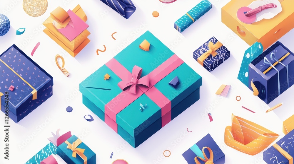 Custom packaging flat design top view personalized gifts theme cartoon drawing Triadic Color Scheme. Custom packaging flat design top view personalized gifts theme cartoon drawing Triadic Color Scheme.