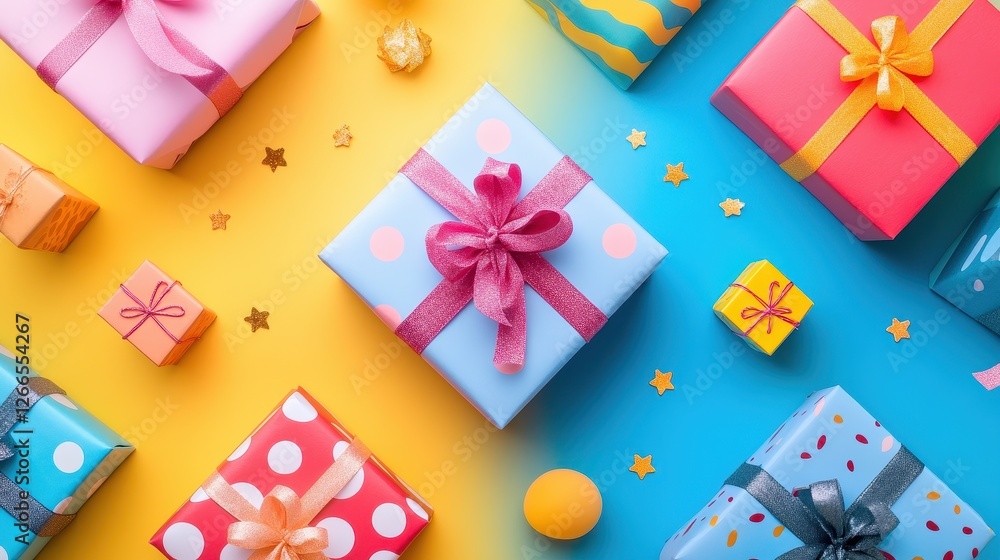 Custom packaging flat design top view personalized gifts theme cartoon drawing Triadic Color Scheme. Custom packaging flat design top view personalized gifts theme cartoon drawing Triadic Color Scheme.