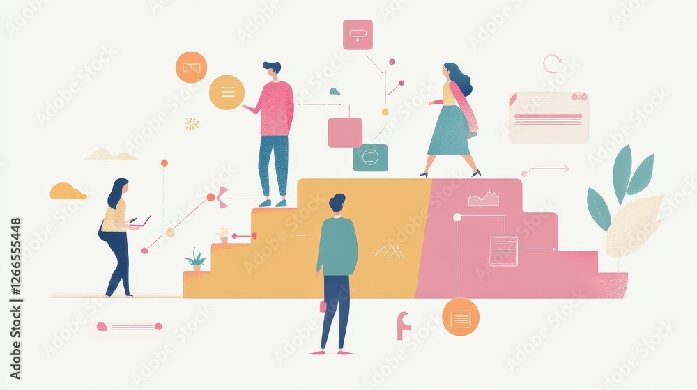 Customer journey flat design side view user experience animation Triadic Color Scheme. 