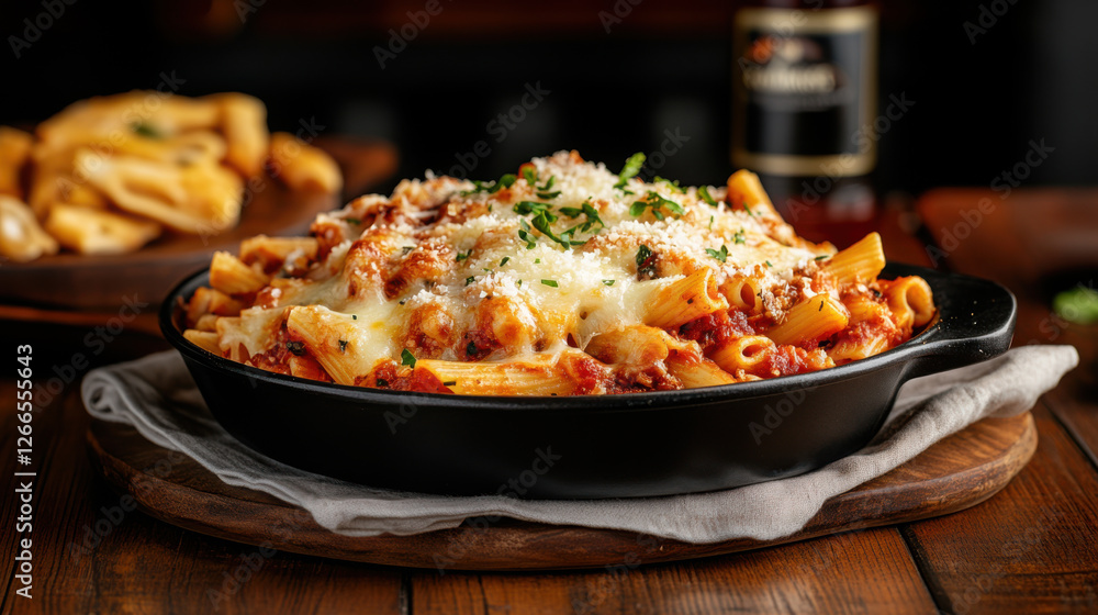 Baked ziti with melted cheese and fresh herbs in skillet Baked ziti with melted cheese and fresh herbs in skillet
