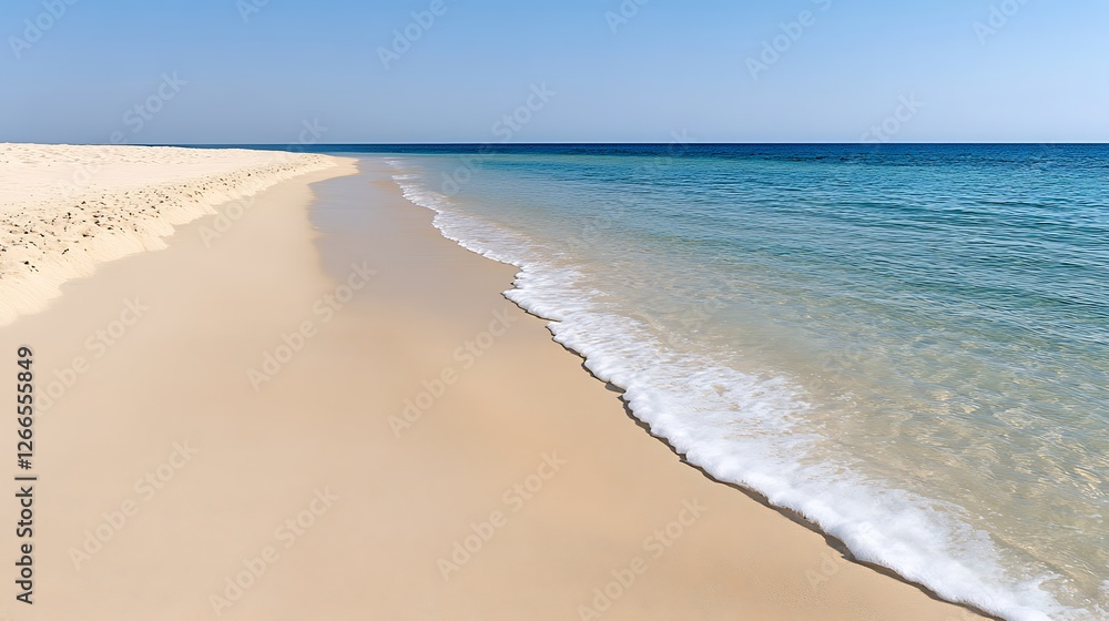 Waves lap beach as ocean extends to horizon. Coastal vacation marketing Waves lap beach as ocean extends to horizon. Coastal vacation marketing
