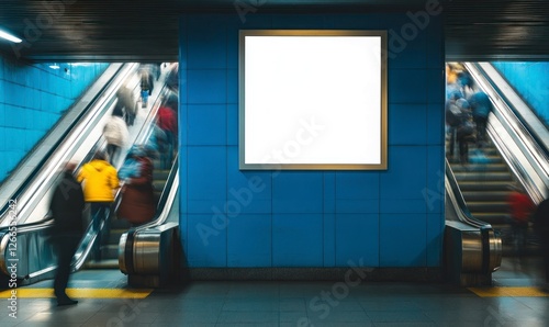 blank billboard on the wall at an underground subway station, with people riding down the escalator in motion blur below it and coming up from another handrail beside them.