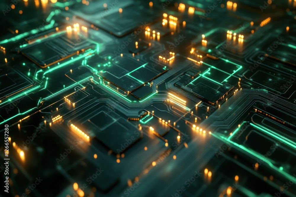 Obraz premium Abstract circuitry with glowing elements in dark space