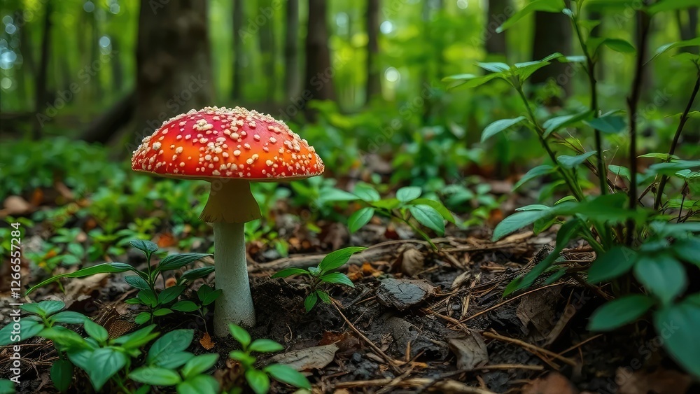 Amanita muscaria growing in the undergrowth of a forest, wild mushroom, poisonous plant