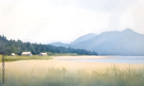 blotchy watercolor landscape of neah bay washington with native american long houses near the shoreline.Generative AI photo