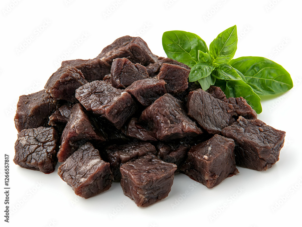 Cubed Beef with Fresh Herbs on White Background Cubed Beef with Fresh Herbs on White Background
