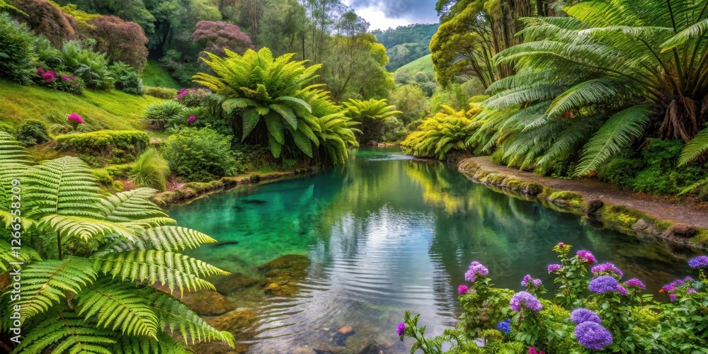 Fototapeta premium Overgrown ferns and wildflowers surround a crystal-clear natural hot spring in the lush botanical garden of Sao Miguel, Portugal , overgrown plants, sao miguel