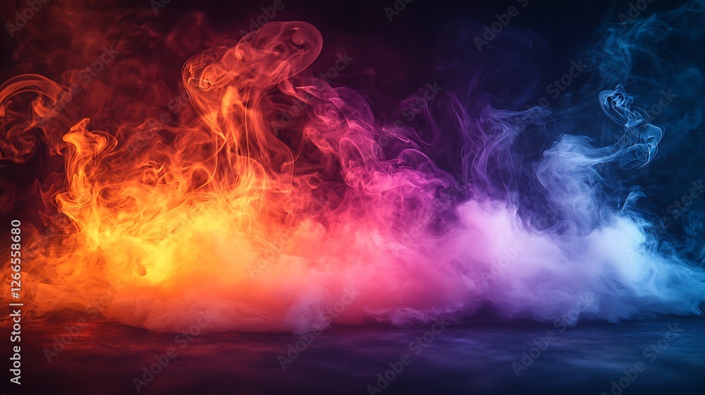 Fototapeta premium Colorful smoke swirls studio backdrop, dark background, design element