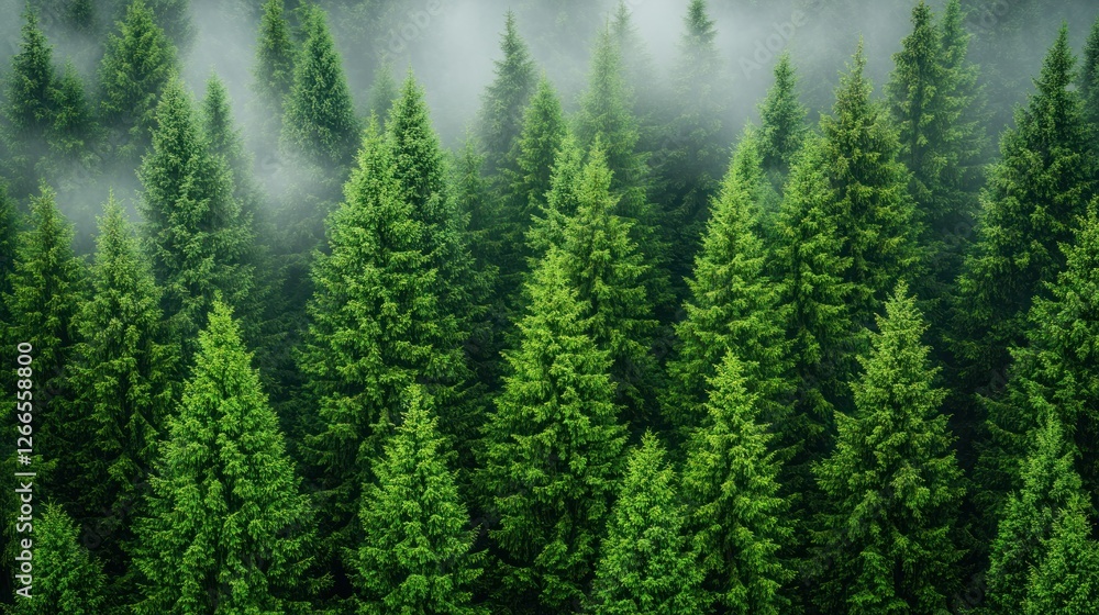 Misty Mountain Forest: An Aerial View of Evergreen Trees Misty Mountain Forest: An Aerial View of Evergreen Trees