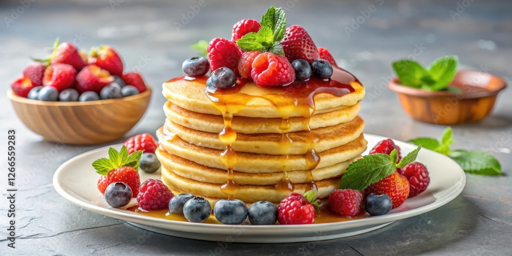 Fluffy buttermilk pancakes stacked high on a plate, topped with a colorful arrangement of fresh mixed berries and a drizzle of sweet syrup, mixed berries, fluffy pancakes Fluffy buttermilk pancakes stacked high on a plate, topped with a colorful arrangement of fresh mixed berries and a drizzle of sweet syrup, mixed berries, fluffy pancakes