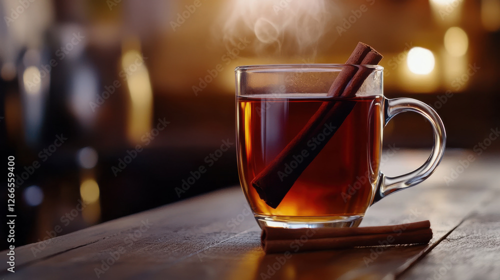 Warm chai tea in glass cup with cinnamon sticks Warm chai tea in glass cup with cinnamon sticks