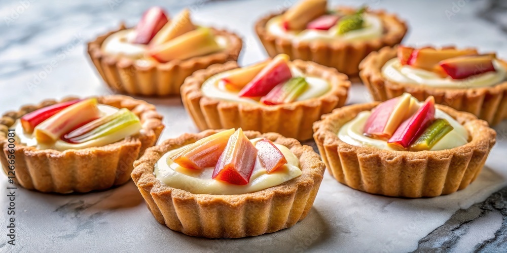 Miniature almond tartlets with a golden brown crust filled with creamy curd and topped with fresh rhubarb slices, arranged on a marble background, dessert, pastry dish Miniature almond tartlets with a golden brown crust filled with creamy curd and topped with fresh rhubarb slices, arranged on a marble background, dessert, pastry dish
