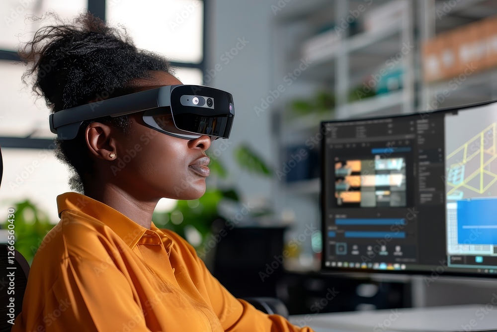She is looking at a 3D image on the screen She is looking at a 3D image on the screen