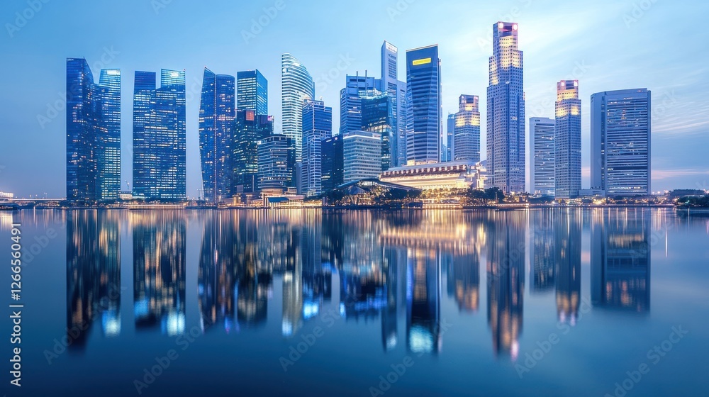 Fototapeta premium A city skyline with a reflection of the buildings in the water