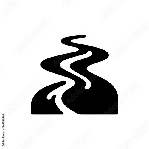 Winding River Icon: A simple yet elegant black and white icon representing a winding river, suitable for use in nature-themed projects or designs that emphasize a journey.