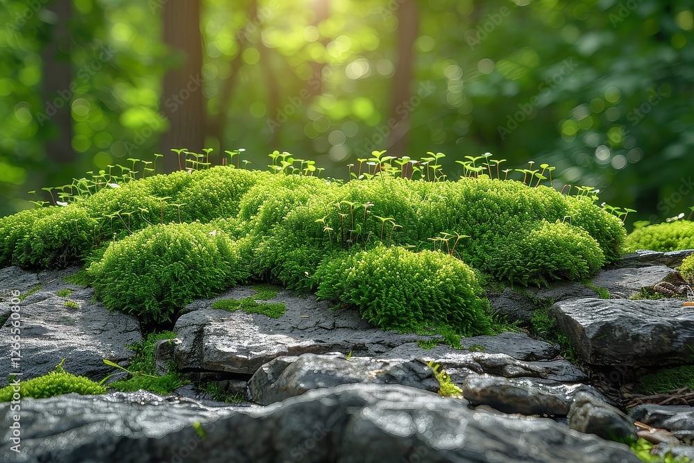 A rock covered in green moss and plants A rock covered in green moss and plants