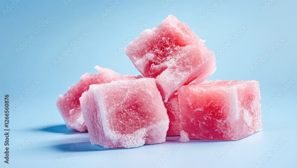 Colorful fruit cubes stacked against a blue background evoke summer freshness and cool aesthetics. Perfect for a refreshing treat that enhances any minimalist decor Colorful fruit cubes stacked against a blue background evoke summer freshness and cool aesthetics. Perfect for a refreshing treat that enhances any minimalist decor