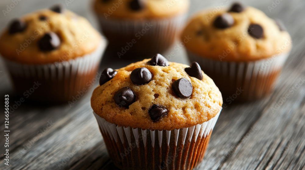 Warm chocolate chip muffins on rustic wooden table Warm chocolate chip muffins on rustic wooden table