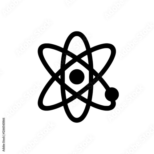 Atomic Structure Icon: A bold, black-and-white vector illustration of an atom, featuring a central nucleus and orbiting electrons, perfect for science, education, and technology projects. 
