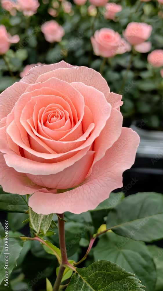 Beautiful pink rose blooming in a garden filled with vibrant flowers during spring season