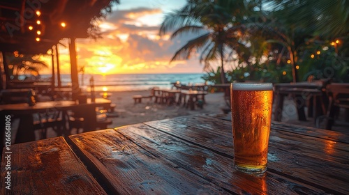 A glass of beer on a wooden table with a sunset view at a beach bar.