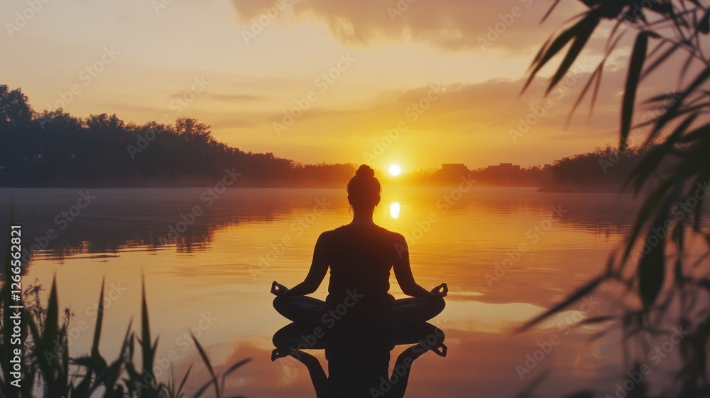 A serene silhouette meditating by a tranquil lake at sunset. A serene silhouette meditating by a tranquil lake at sunset.