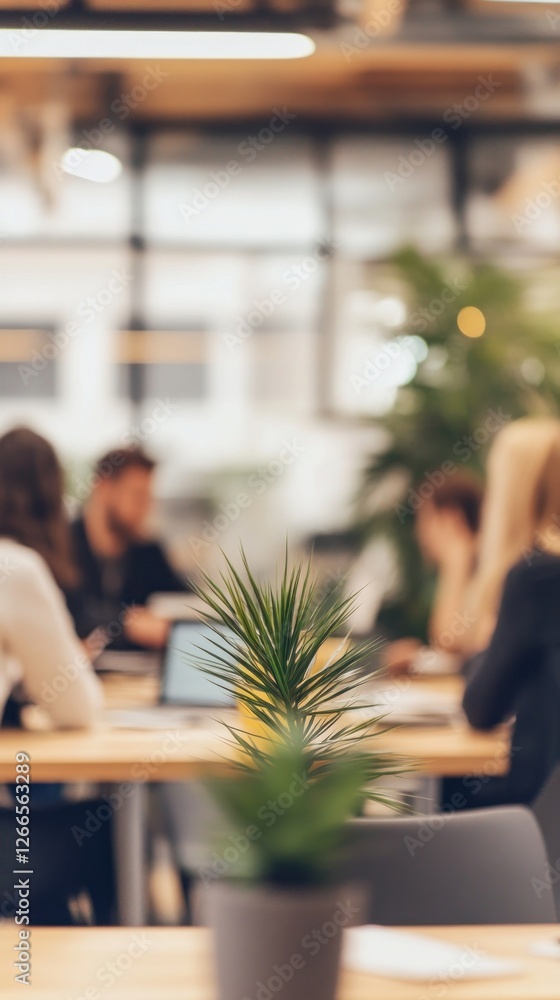 Group of professionals engaged in a collaborative meeting in a modern office setting with greenery in the foreground and a blurred background Group of professionals engaged in a collaborative meeting in a modern office setting with greenery in the foreground and a blurred background