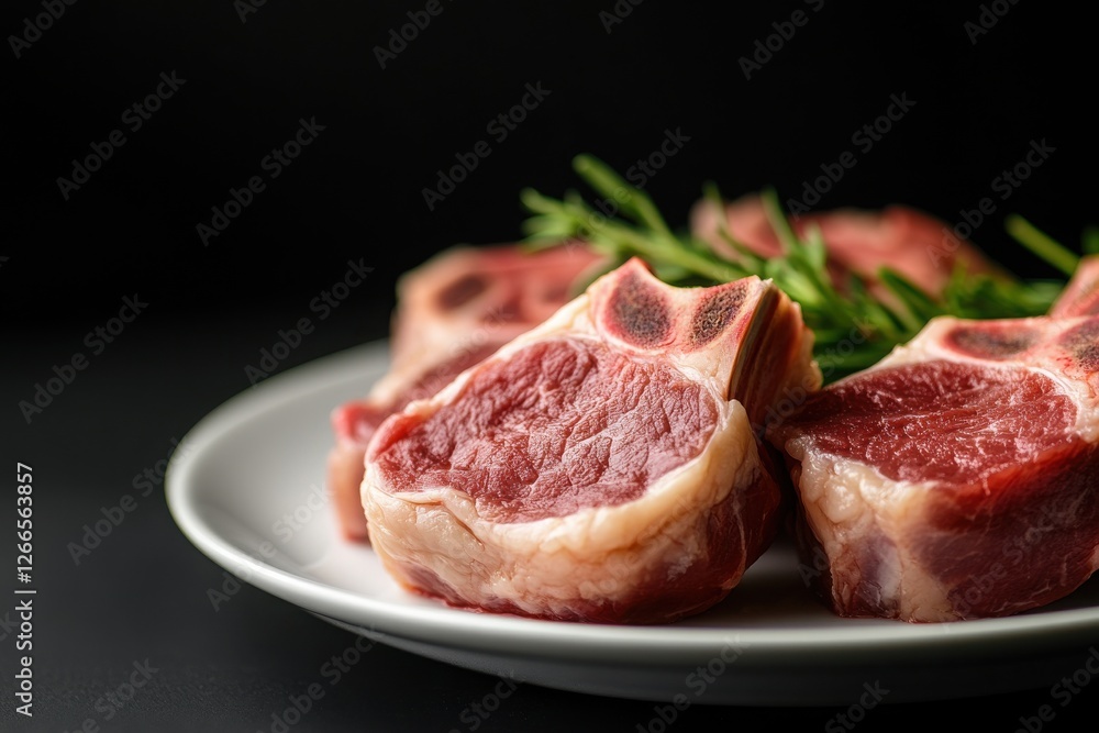 A close-up shot of raw lamb chops arranged on a clean white plate, surrounded by delicate herbs and set against a stark black background. A close-up shot of raw lamb chops arranged on a clean white plate, surrounded by delicate herbs and set against a stark black background.