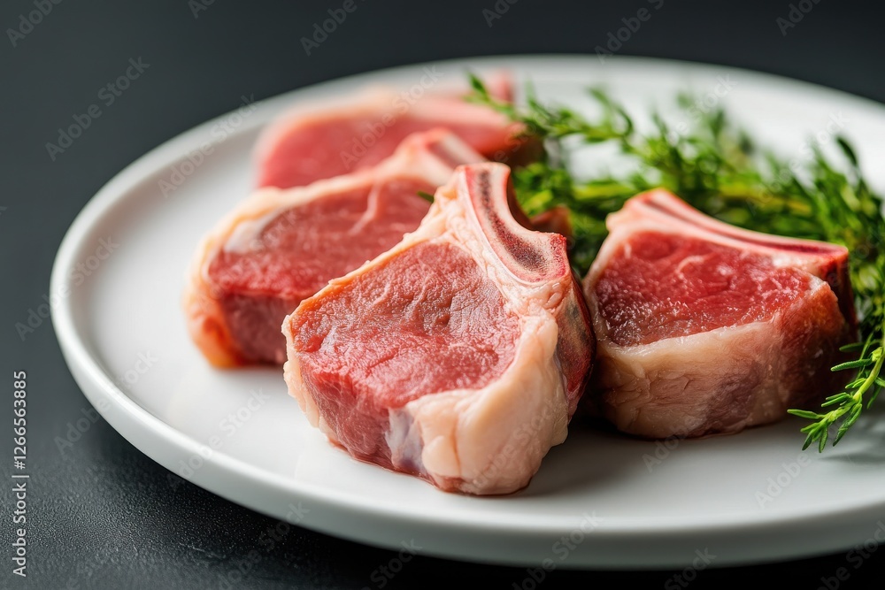 A close-up shot of raw lamb chops arranged on a clean white plate, surrounded by delicate herbs and set against a stark black background. A close-up shot of raw lamb chops arranged on a clean white plate, surrounded by delicate herbs and set against a stark black background.