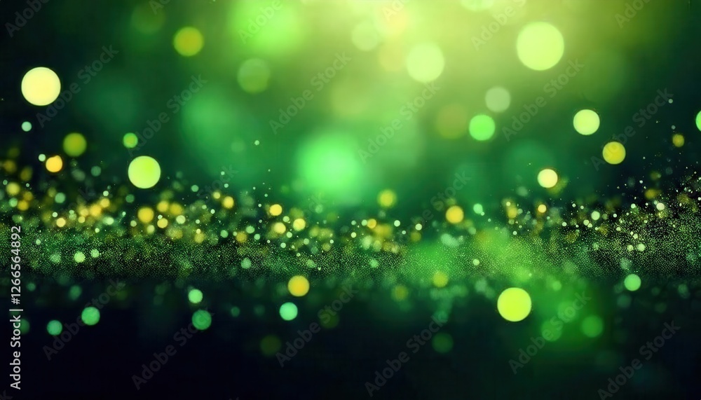 Obraz premium glowing green bokeh background with soft light and yellow accents, abstract sparkles and blurred spots