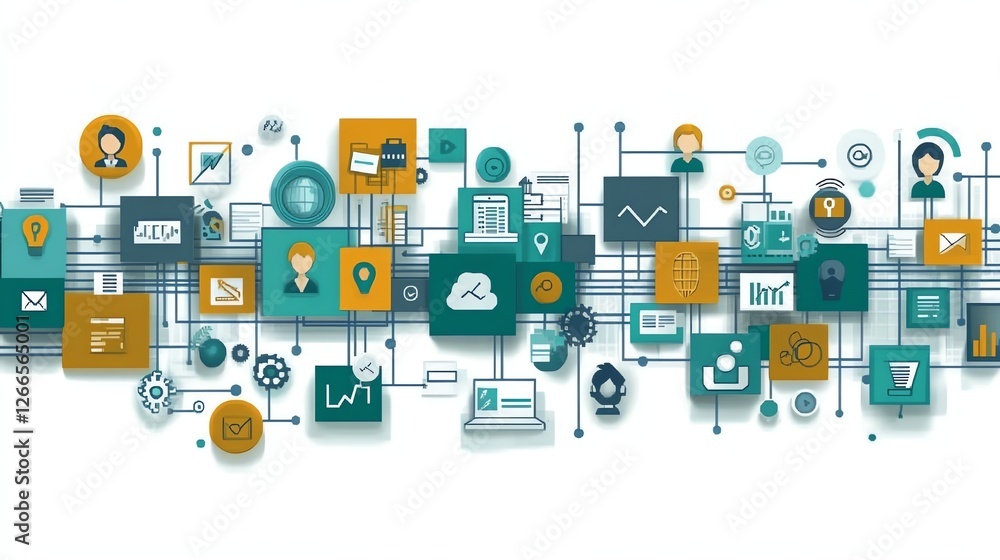 Connected Network of Business and Technology Icons Representing Modern Digital World Connected Network of Business and Technology Icons Representing Modern Digital World
