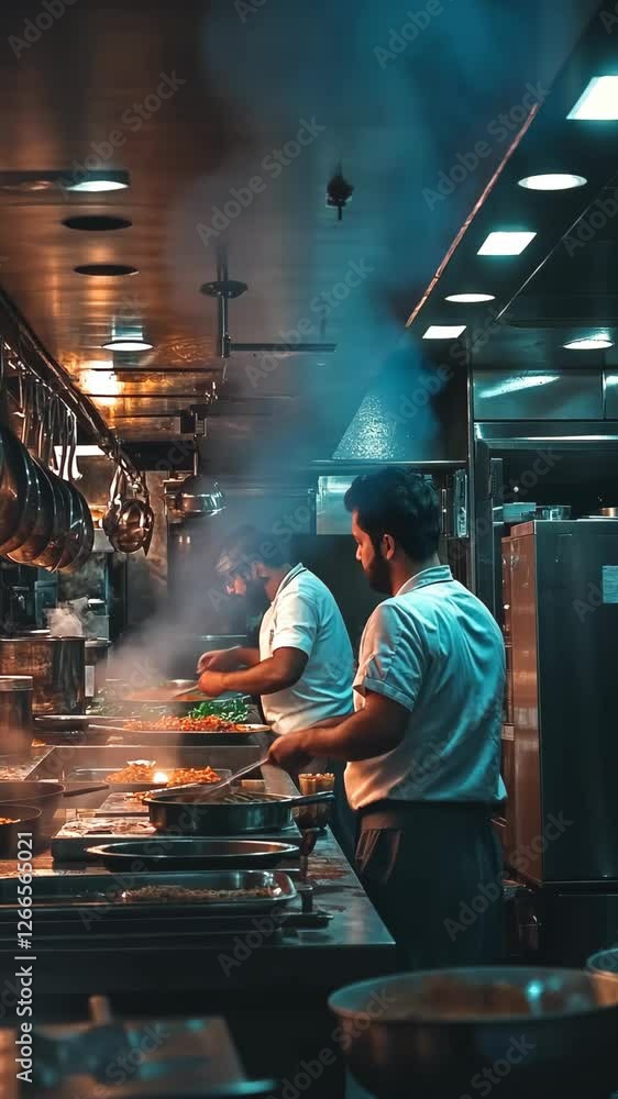 Busy kitchen during dinner service with chefs preparing dishes in a vibrant restaurant environment Busy kitchen during dinner service with chefs preparing dishes in a vibrant restaurant environment