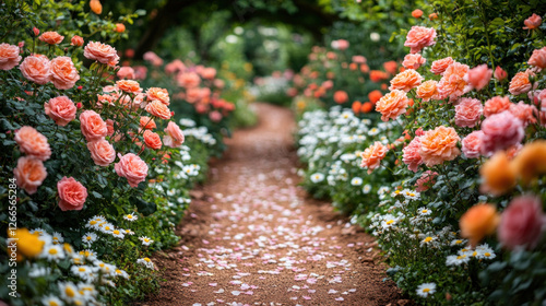 Flower garden with winding paths, surrounded by vibrant roses and daisies in full bloom