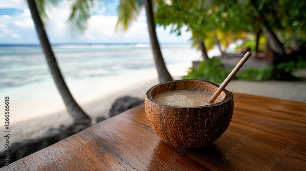 Coconut soda served in shell with straw by beach Coconut soda served in shell with straw by beach