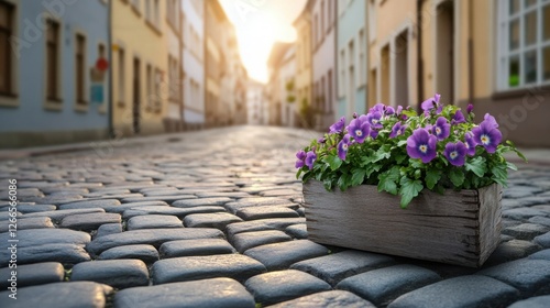 Fototapeta Naklejka Na Ścianę i Meble -  charming cobblestone street in an old European town, adorned with fresh spring flowers in window boxes.