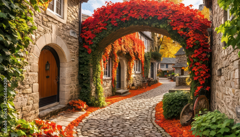 Fototapeta premium Charming Cobblestone Path Adorned With Vibrant Autumn Leaves in a Historic Village